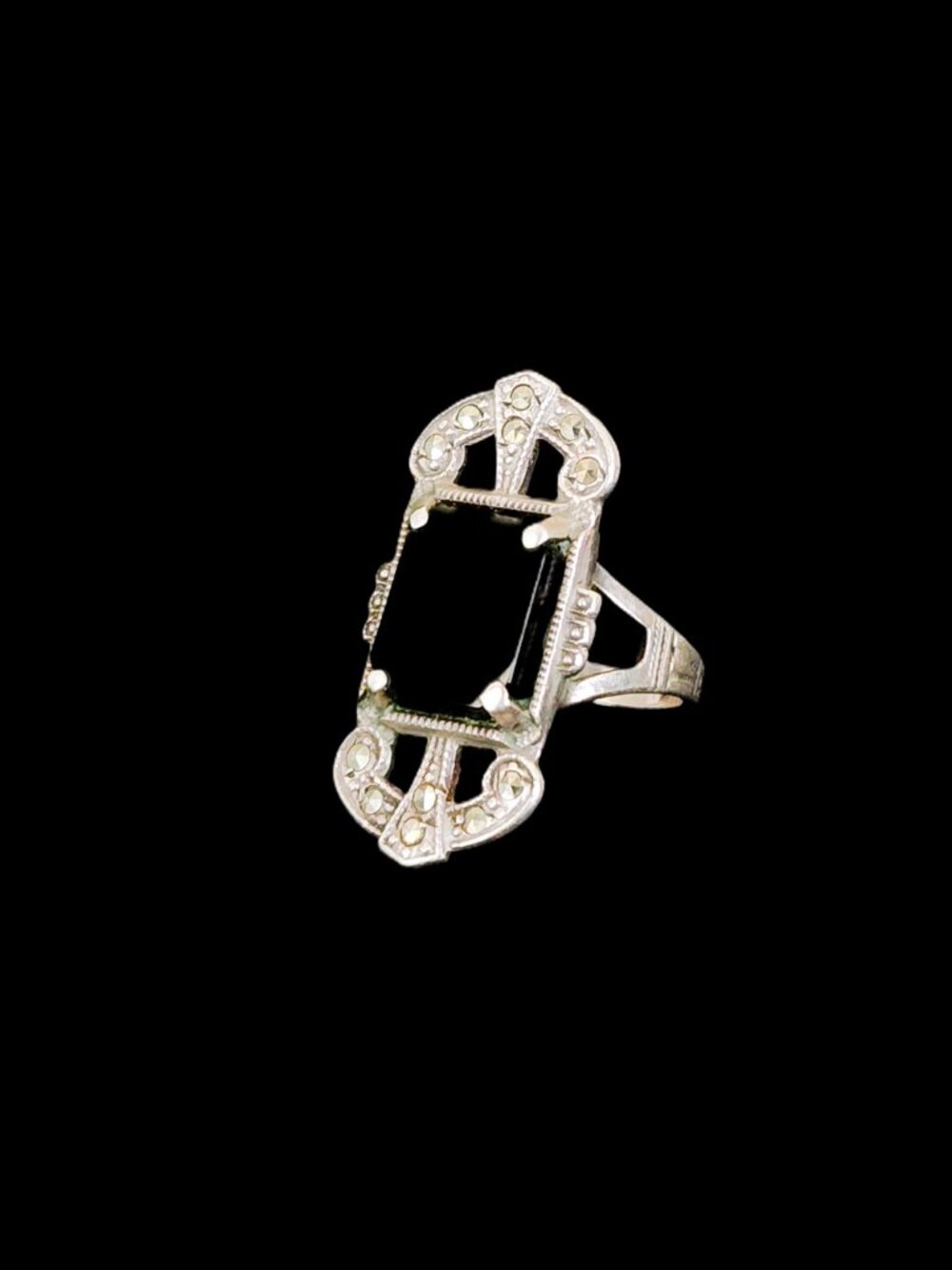 Vintage 80s Sterling Silver Black Onyx Marcasite Art Deco Statement Ring Sz 5